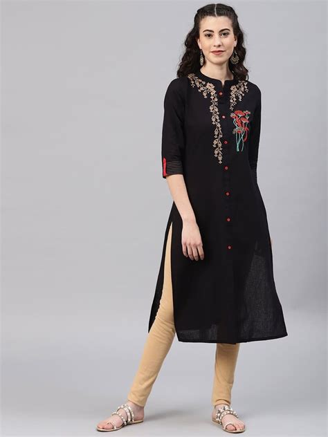 Buy Libas Women Black Red Embroidered Pathani Kurta Kurtas For