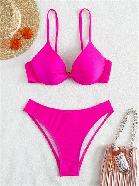 Shein Swim Vcay Conjunto De Bikini Unicolor Sujetador Push Up Con Aros