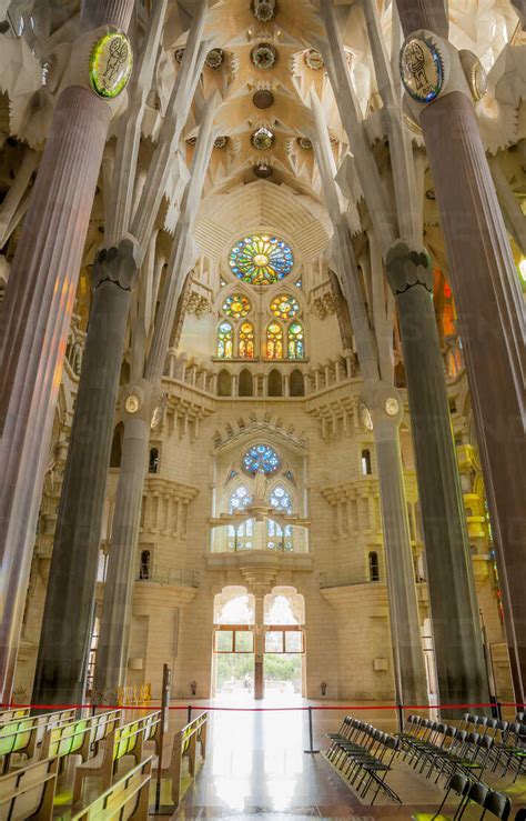 Interior Of Cathedral La Sagrada Familia In Barcelona Stock Photo