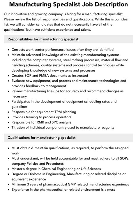 Manufacturing Specialist Job Description Velvet Jobs