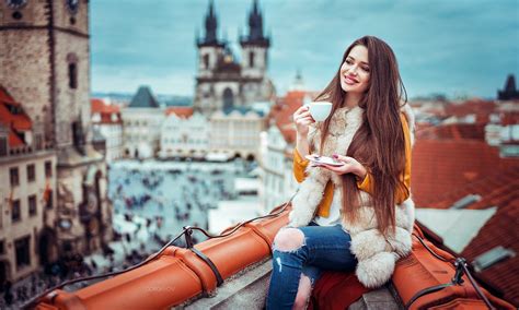 Women Outdoors Smiling Rooftops Women Cityscape Looking Into The Distance Orange Jacket