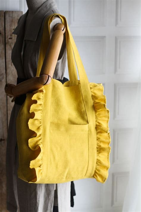 Linen Tote With Ruffle Detail Linen Shopping With Ruffles Etsy