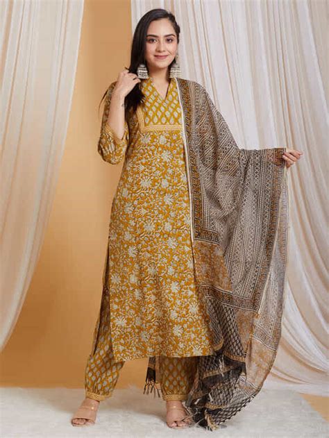 Buy Red Beige Bagru Hand Block Printed Cotton Suit With Kota Doria