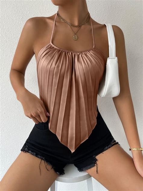 Shein Bae Top Halter Capestro Con Orlo Asimmetrico Plissettato Raso