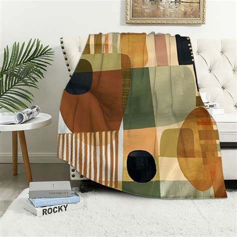 Shiartex Brown Tan Stripe Geometric Patchwork Throw Blanket Hand Drawn