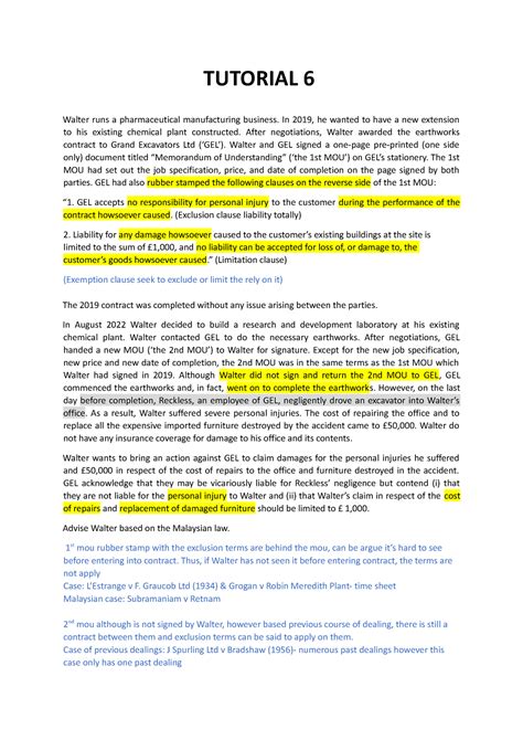 Contract Tutorial 6- exemption clause - TUTORIAL 6 Walter runs a ...