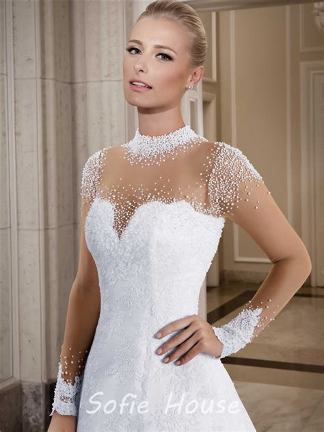 Fantastic High Neck Illusion Long Sleeve Lace Tulle Pearl Wedding Dress