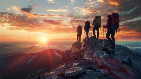 Premium Photo Four Hikers On A Mountaintop At Sunset The Sky Is