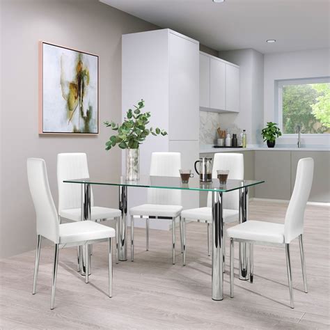 Lunar Chrome And Glass Dining Table With 4 Leon White Leather Chairs Furniture Choice