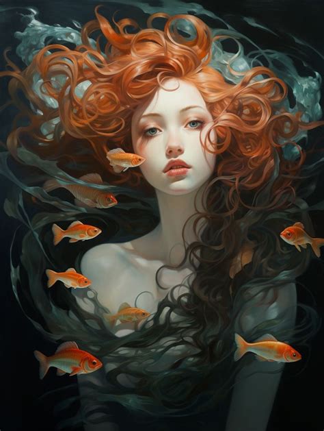 A Painting Of A Beautiful Women With Fish In Hair Under Water Water