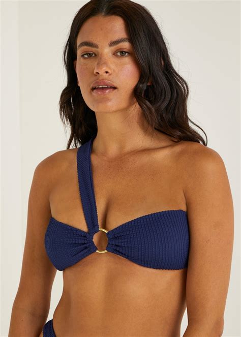 Navy Crinkle One Shoulder Ring Bikini Top Matalan