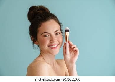 Halfnaked Brunette Woman Smiling While Showing Stock Photo 2076351070