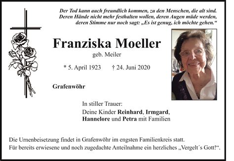 Traueranzeige Franziska Moeller Grafenw Hr Oberpfalzecho