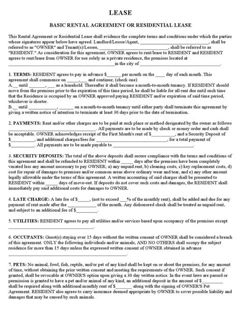 Download Free Basic Rental Agreement Or Residential Lease Printable