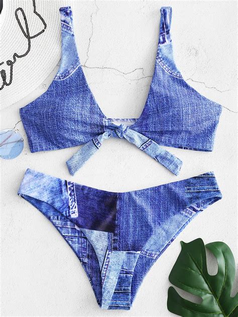 Belleziva Women Casual Denim Print Plunge Bikini Set Plunging Neck