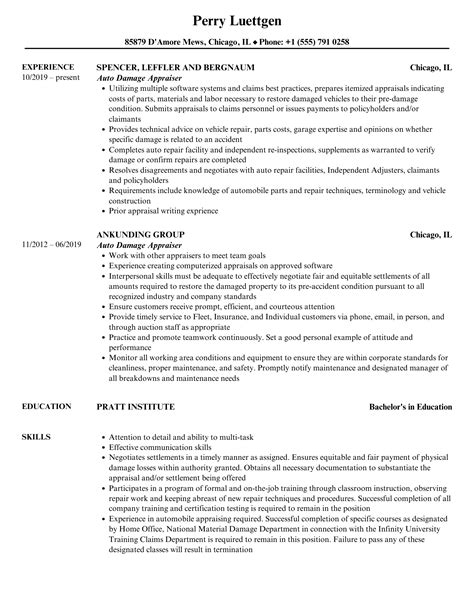 Auto Damage Appraiser Resume Samples | Velvet Jobs