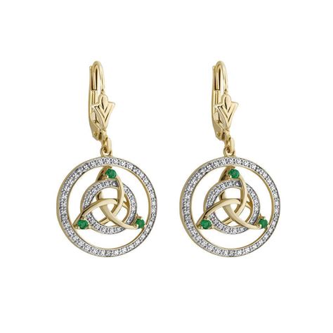 K Gold Diamond Emerald Celtic Trinity Knot Earrings Claddaghrings