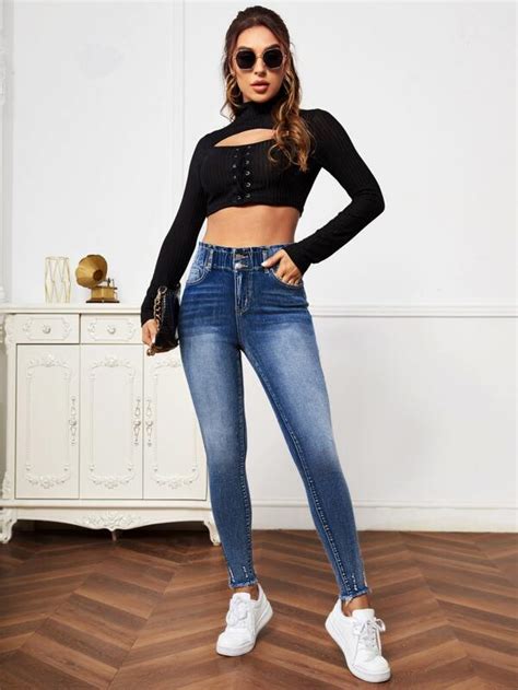 SHEIN Essnce Jeans Ajustados Desgarro Bajo Crudo Con Lavado De Cintura