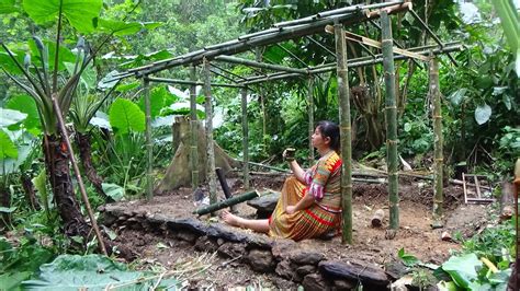 Primitive Technology Ethnic Girl Building A Bamboo House With Rudimentary Rools Survival