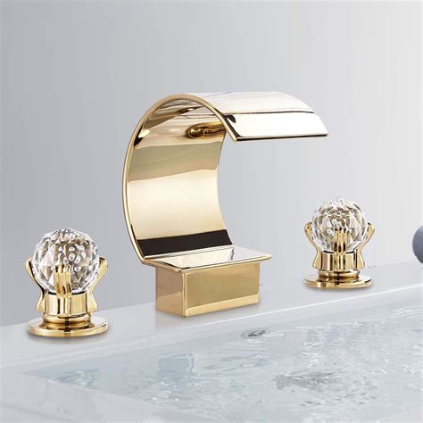 Buy FUZ Polished Gold Bathroom Faucet 3 Hole Dual Crystal Knobs