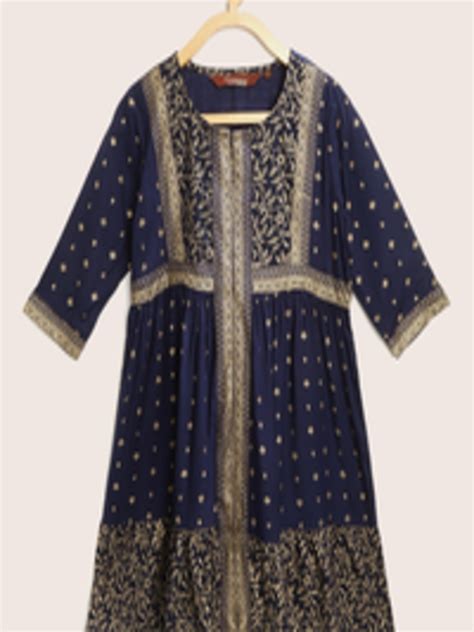 Buy Sangria Girls Navy Blue Golden Ethnic Motifs Print A Line Dress