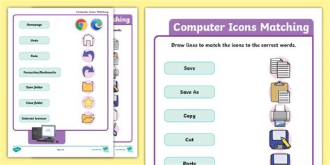 Ks1 Computer Icons Matching Worksheet Twinkl Computing