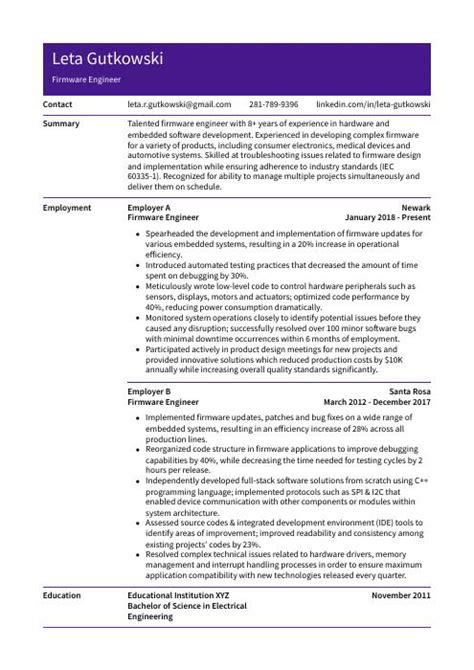 Firmware Engineer Resume (CV) Example and Writing Guide