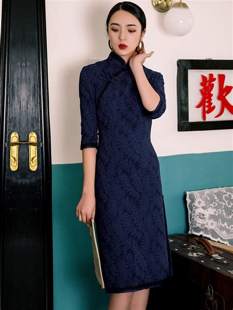 2018 Winter Navy Blue Knee Length Qipao Cheongsam Dress CozyLadyWear