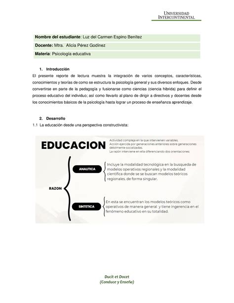 Unidad Psicologia Educativa Ducit Et Docet Nombre Del Estudiante