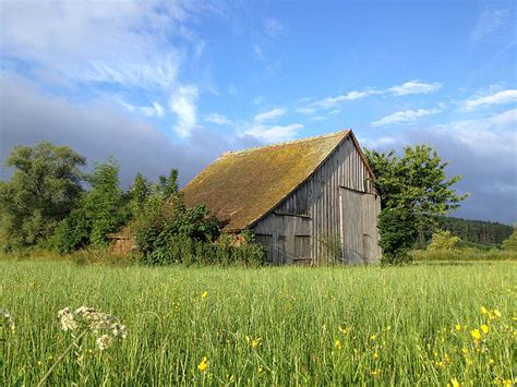 Free Photo Barn Field Barn Summer Meadow Clouds Wood Moss Hippopx