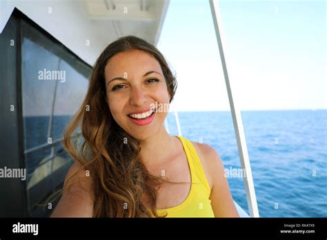 Selfie Photo Of Young Model Woman On Luxury Travel Cruise Vacation In