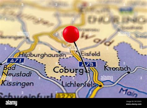 Coburg map. Close up of Coburg map with red pin. Map with red pin point of Coburg in Germany ...