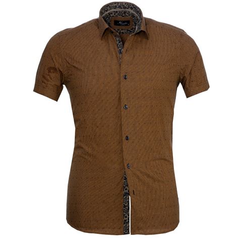 Light Brown Mens Short Sleeve Button Up Shirts Tailored Slim Fit