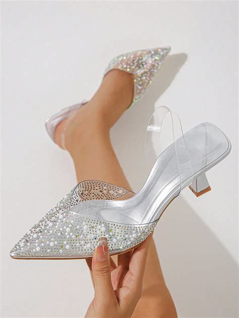 Women Rhinestone Decor Point Toe Pyramid Heeled Slingback Pumps