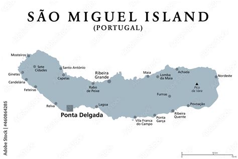 Sao Miguel Island, Azores, Portugal, gray political map with capital ...