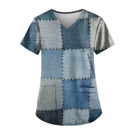 Ehtmsak Women Denim Print Scrubs Sets Color Block Short Sleeve V Neck