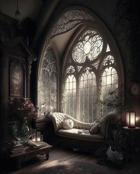 A Gothic Styled Living Room With An Arched Window Couch And Coffee