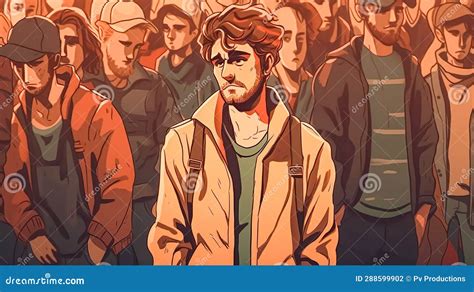 Sad Young Man In A Crowd Of People Generative Ai Stock Photo Image