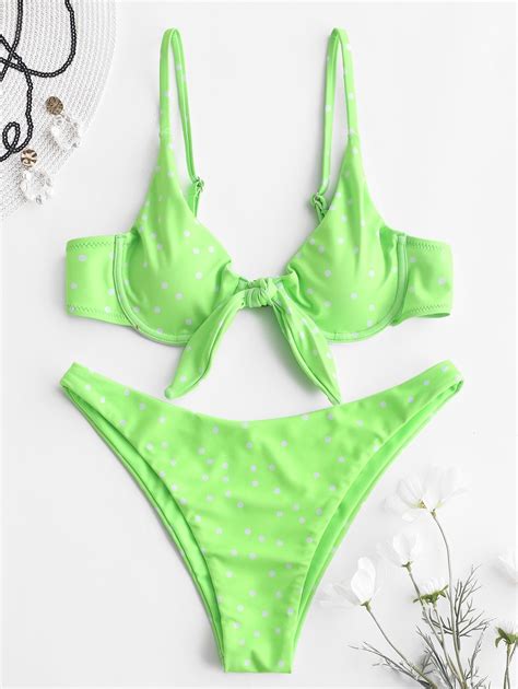 Off Zaful Polka Dot Underwire Neon Bikini Set In Green