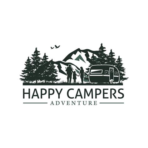 Camping logo with trailer camp, mountain, and pine tree, used for ...
