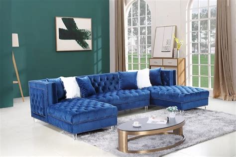 Sofa Sectionnel Mcx Double Chaise En Velours Bleu Capitonn