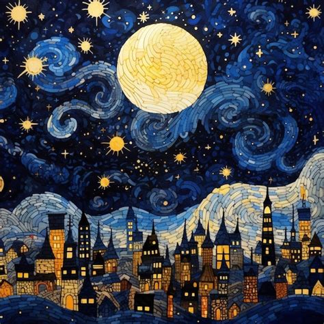 Premium AI Image | Starry night painting of a city with a full moon ...