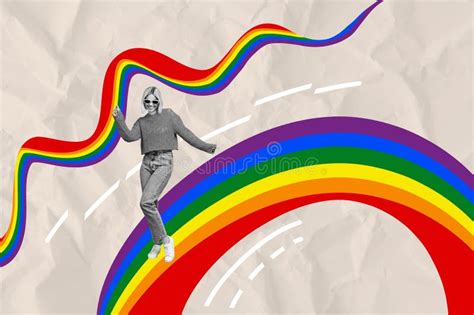 Composite Photo Collage Of Happy Blonde Girl Dance Lgbt Rainbow Stripes