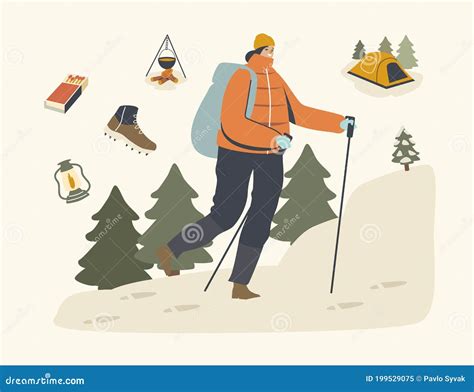 Winter Hiking Concept Backpacker Female Character In Warm Clothes With