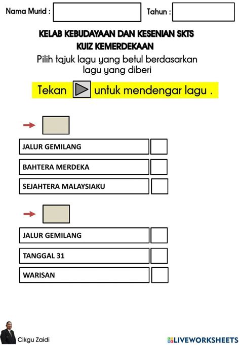 Kuiz Kemerdekaan Lagu Patriotik Worksheet Live Worksheets