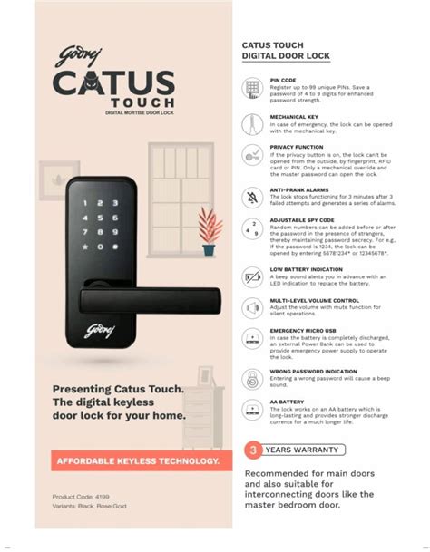 Godrej Digital Mortise Door Lock CATUS Touch 3 Years Warrenty 4199