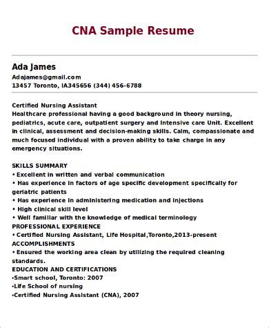 FREE 9 Sample CNA Resume Templates In MS Word PDF