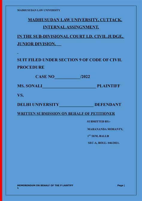 Contract MOOT Memorial MADHUSUDAN LAW UNIVERSITY CUTTACK INTERNAL