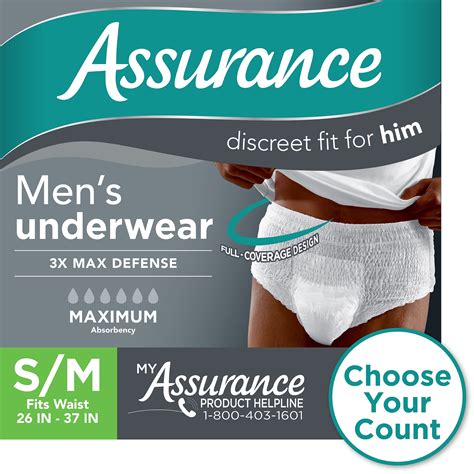 Assurance Mens Incontinence Underwear S M Maximum Absorbency 36