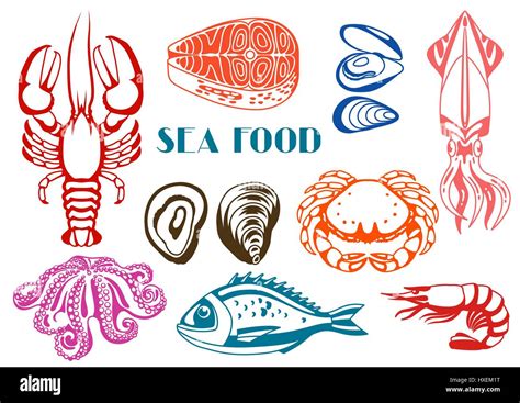 Various Seafood Set Illustration Of Fish Shellfish And Crustaceans